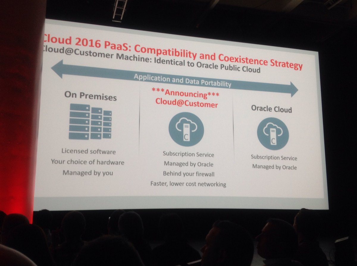 EricBezille's tweet photo. @larryellison #oow16 #OOW16FR keynote: we offer the choice with on-premise, in Oracle Cloud or Oracle Cloud@customer https://t.co/2vzDgLVBIC