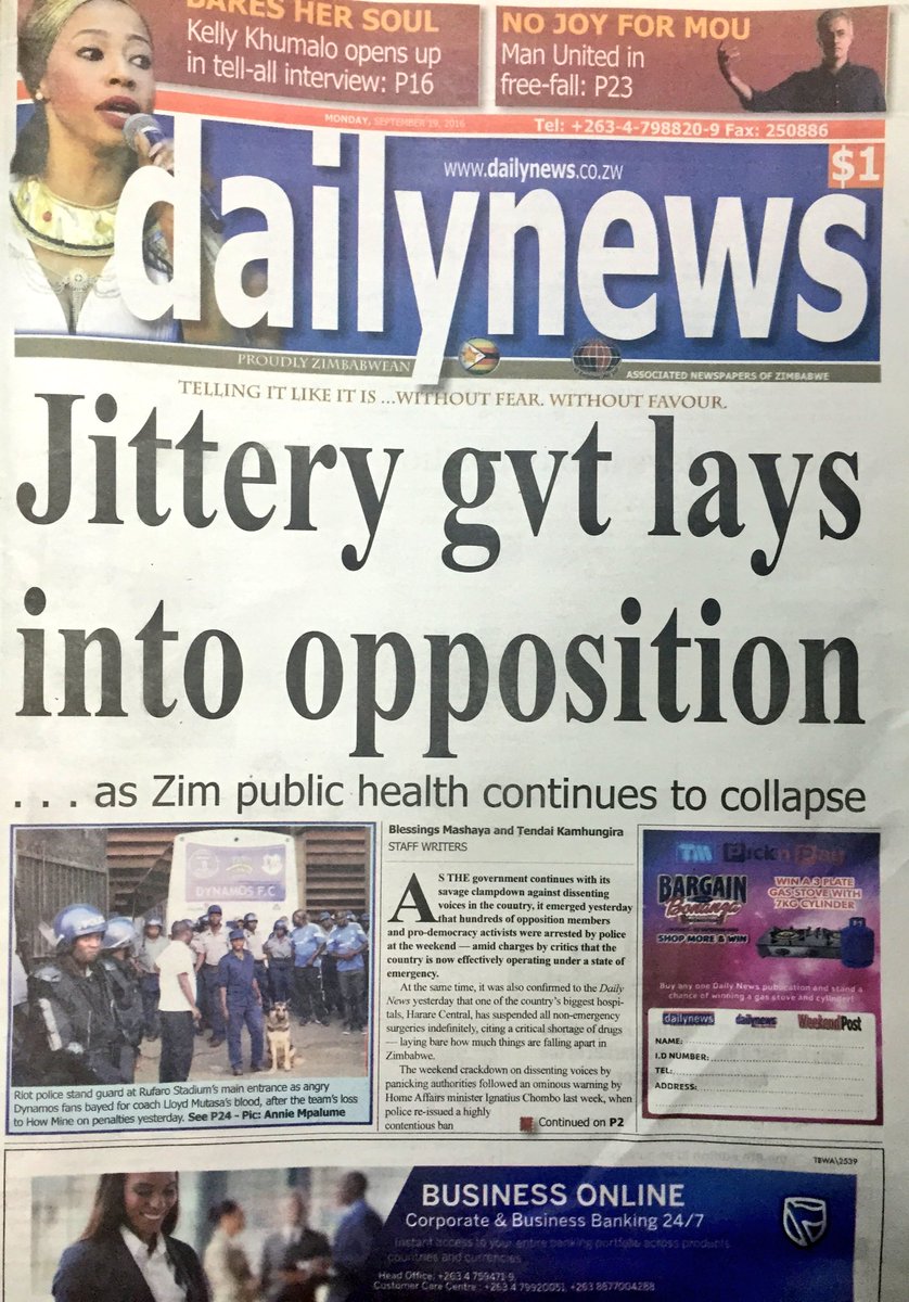 ZimMediaReview's tweet image. #FrontPages: @DailyNewsZim says "hundreds" arrested as Govt continues with its "savage clampdown" on dissent
