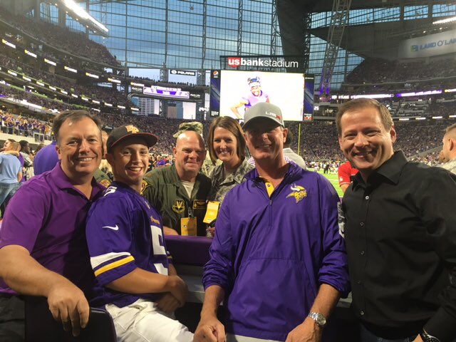 BrandonSawalich's tweet photo. Memorable @Vikings opener tonight w/ #StarkeyStrong team. Much respect to 🇺🇸 military personnel. Best pic of night https://t.co/8ATWJminj5