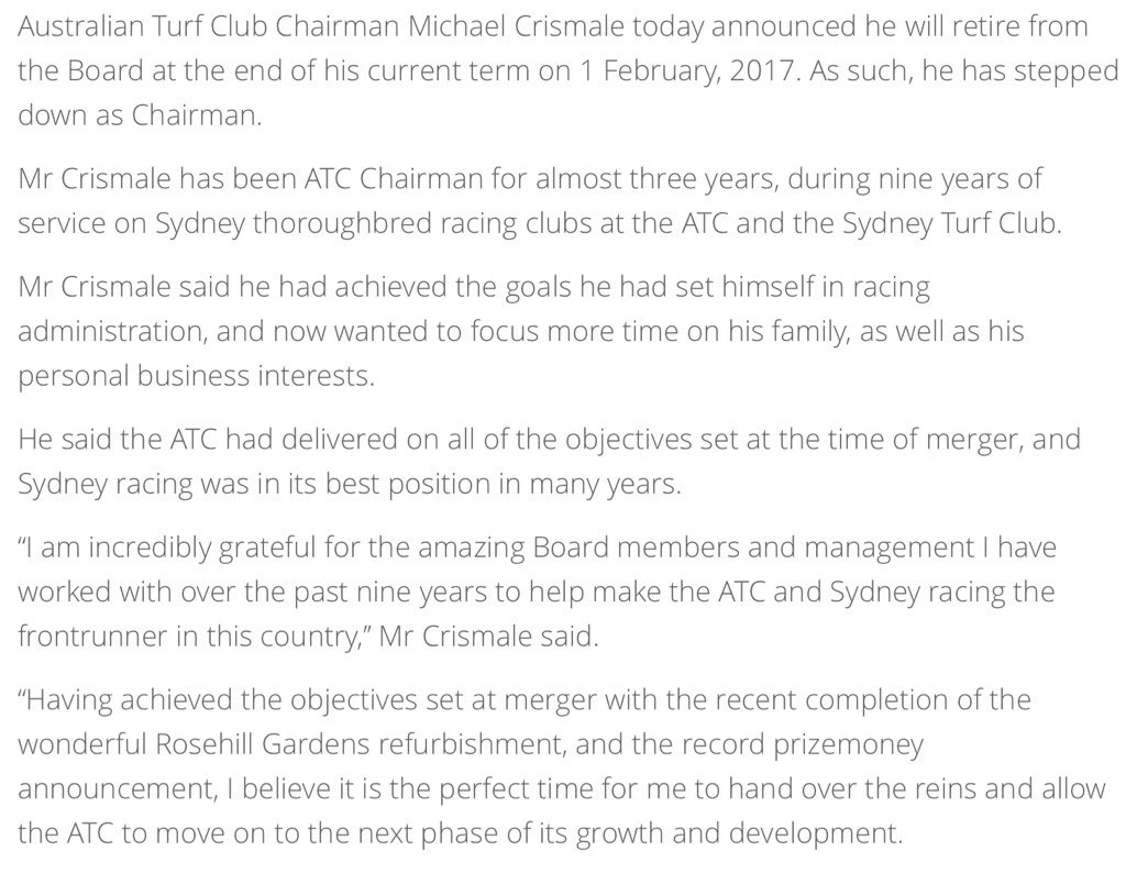 AndrewBensley's tweet photo. Australian Turf Club to announce new Chairman and Vice Chairman tomorrow. Current Chairman Michael Crismale retires https://t.co/GR1CiwaULJ