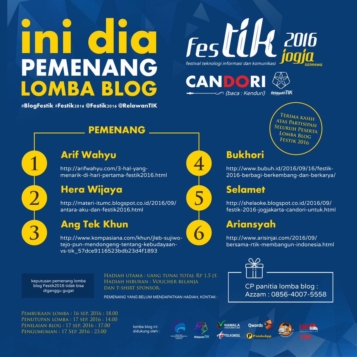 festikaceh2017_'s tweet photo. Ini dia pemenang Lomba #BlogFestik pengumuman resmi dilakukan saat penutupan festik jam 23.00 di arena #Festik2016 https://t.co/8RDXcnLguG