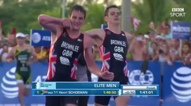 BBCSport's tweet photo. Watch dramatic footage of Alistair Brownlee helping his brother Jonny to the finish line https://t.co/O5qTi97ezX https://t.co/5phJYiErR5