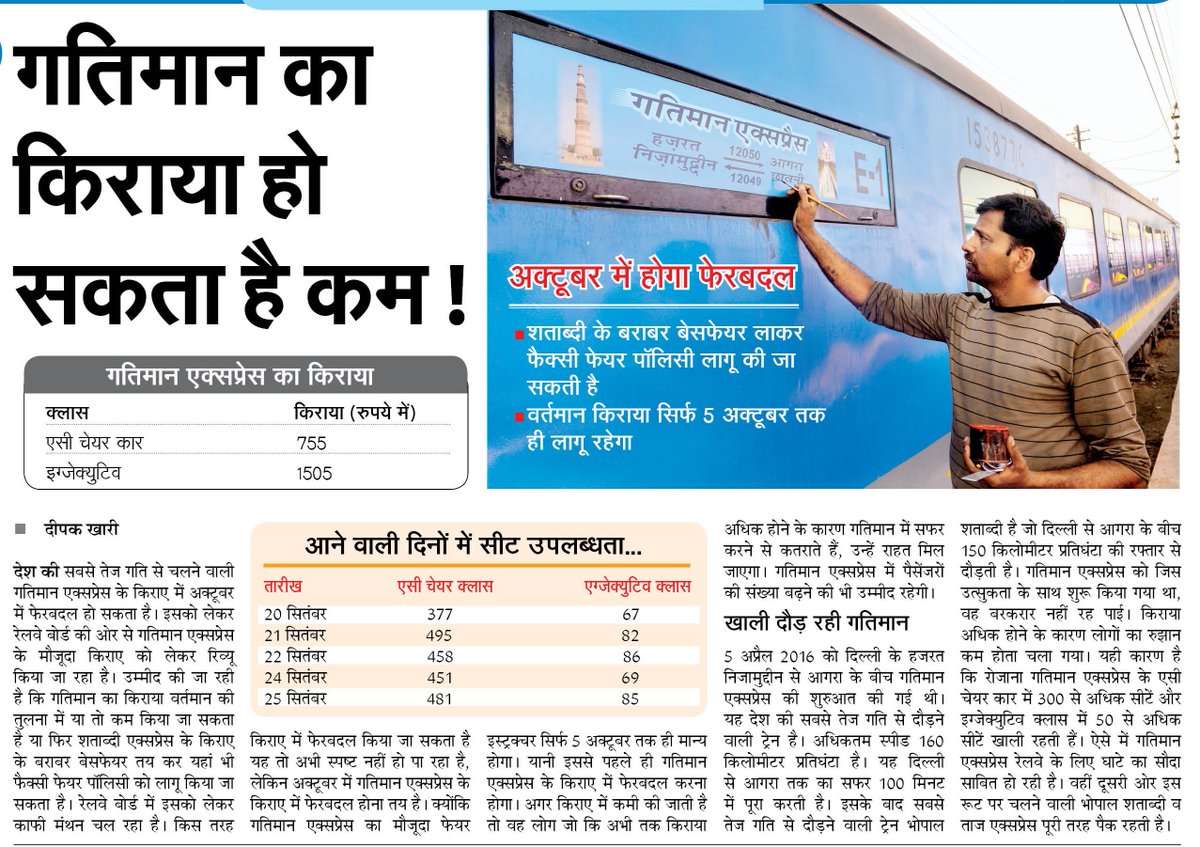 SandhyaTimes4u's tweet image. कम हो सकता है #गतिमान #एक्सप्रेस का किराया!
@sureshpprabhu @RailMinIndia #GatimaanExpress