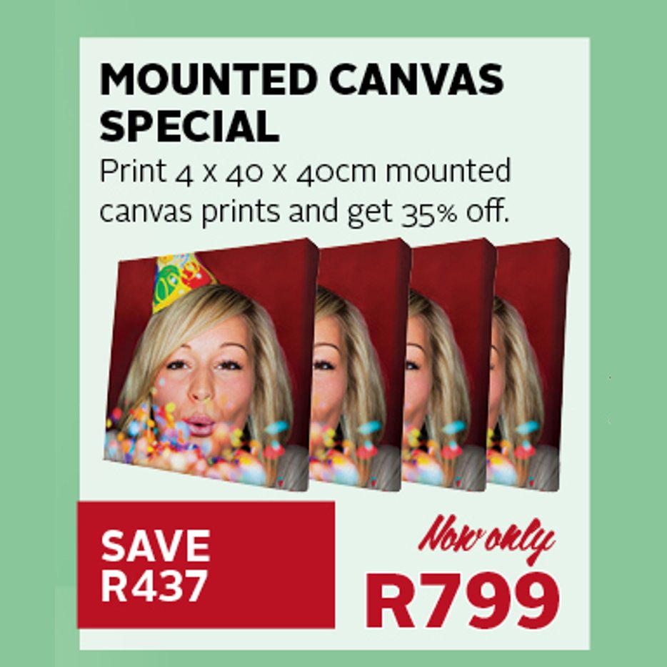 SaleHunterSA's tweet photo. Sale: 35% off
What: mounted #canvas #prints
Where: #fotofirst
When: until 30 Sept 2016
#livethesale #memories https://t.co/eYWVXtEj1P