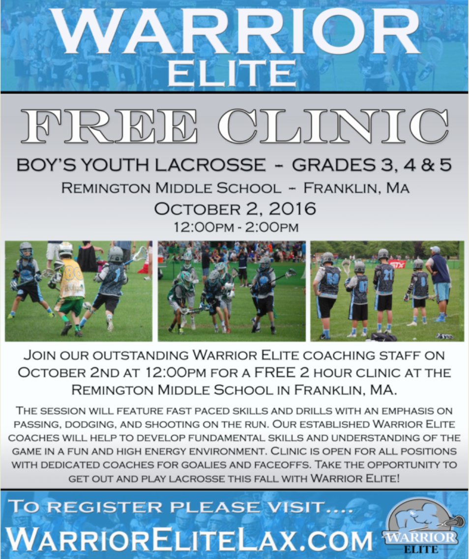 Warrior Elite FREE clinic 3rd, 4th &amp; 5th graders in Franklin!!  See you there and bring a friend. Details below!