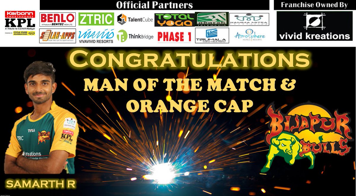 kplbijapurbulls's tweet photo. Congratulations #ManofTheMatch #Orangecap highest score 87 runs @rsamarth7 #BBvsHT #Bijapurbulls #NammaKPL2016 https://t.co/uH3nO2vHkl