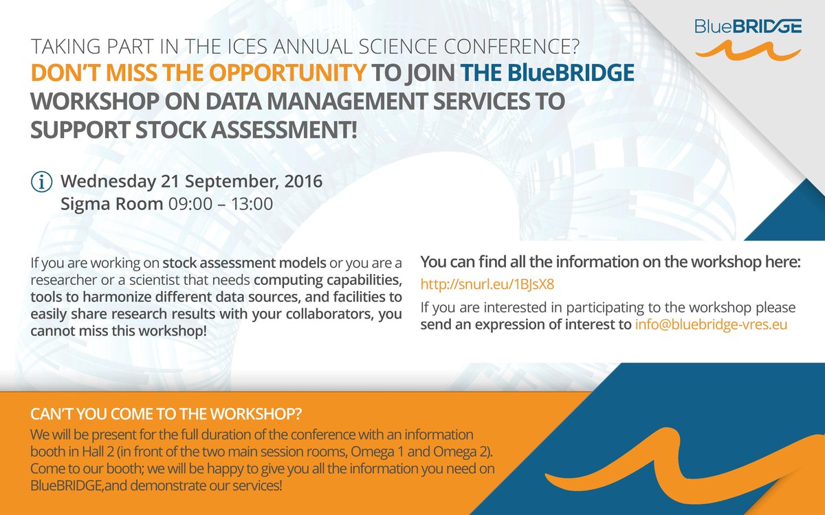 BlueBridgeVREs's tweet photo. @JessicaSpijkers on Wed don't miss our workshop @ #ICESASC16 on #datamanagemet services to support stock assessment https://t.co/FBdkTTp1EC