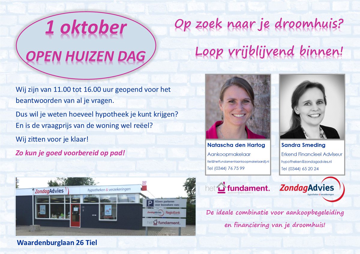 ‘1 oktober a.s. #OpenHuizenDag! Ga goed voorbereid op pad, kom langs voor hypotheek-/ en aankoopadvies.