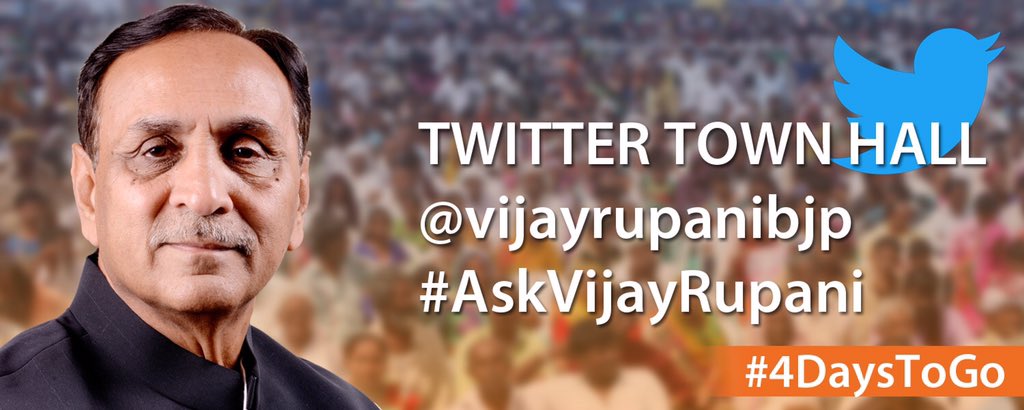 vijayrupanibjp's tweet photo. Join me on Twitter Town Hall on 23rd September. Ask your questions using #AskVijayRupani. 
#4DaysToGo https://t.co/d3VP5AKaOj
