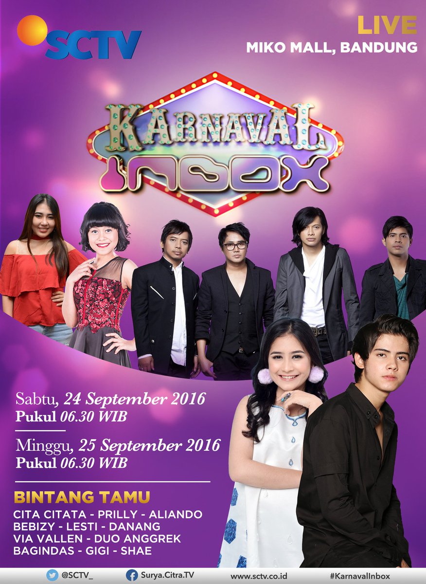 SCTV's tweet photo. Nonton #KarnavalInbox bersama @alysyarief @PrillyBie @Lesti_Jenong_DA @DA2_Danang  ,  Sabtu, 24 Sept pkl 06.30 WIB https://t.co/Z1VJTCJB8R