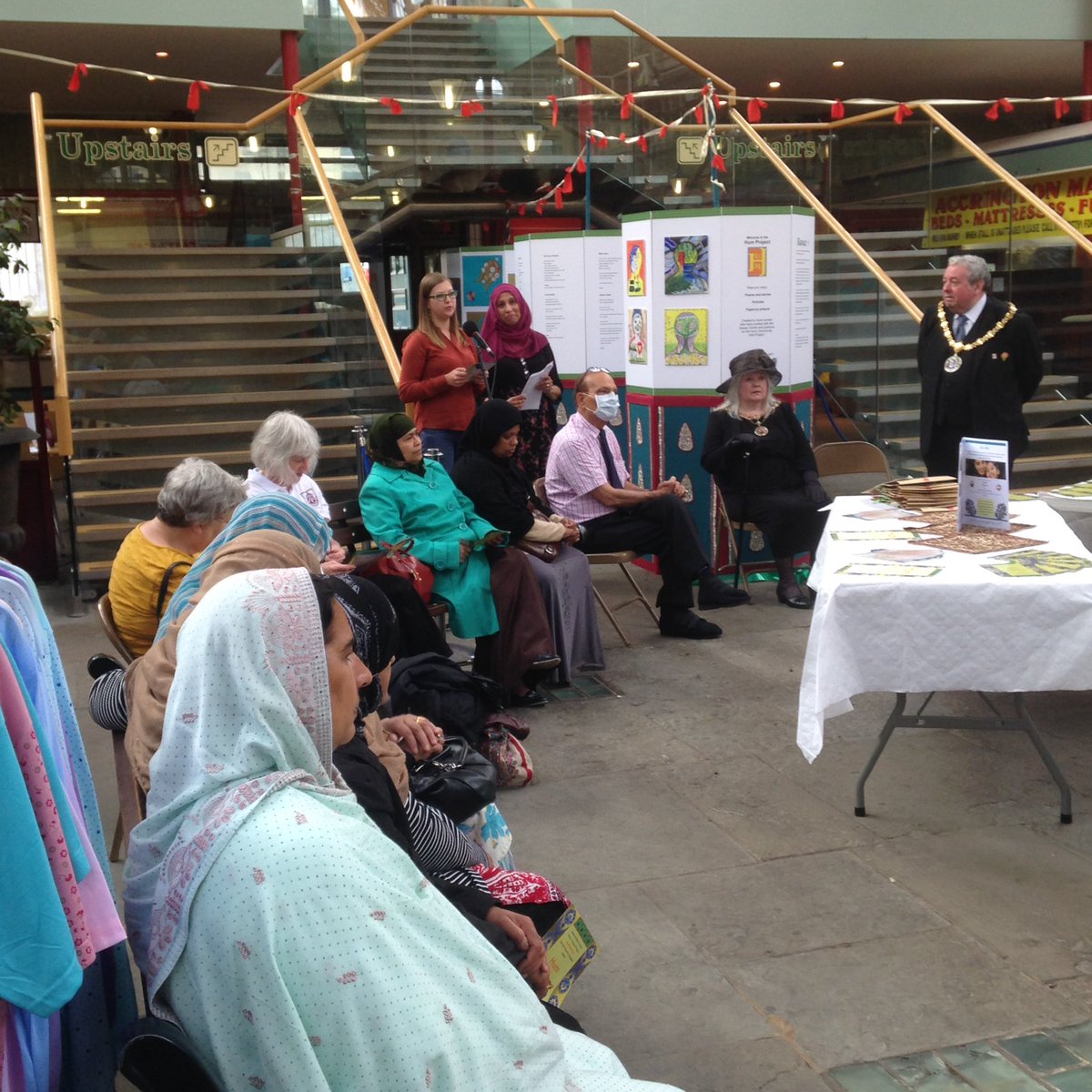 katymayflower's tweet photo. Mayor of Hyndburn opening Hum exhibition at Accrington Market Hall @Superslowway @HorseandBamboo https://t.co/AxWkCRnbUx