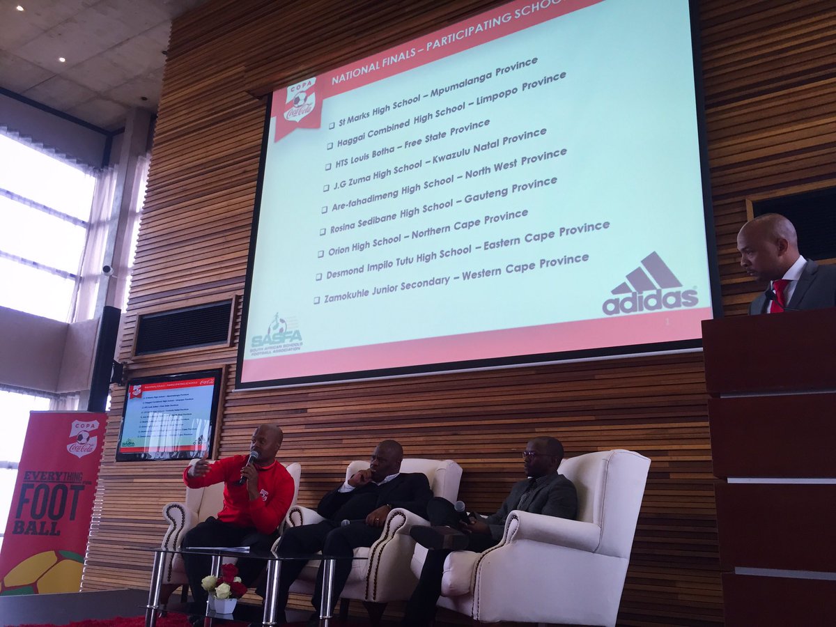 M_SportsSA's tweet photo. Panel discussion with @CocaCola_ZA's Fetsi Mbele, @SASchoolsFA's Shoes Mazibuko and Ambassador @simbamarumo #CopaZA https://t.co/PUc6mLX5rC