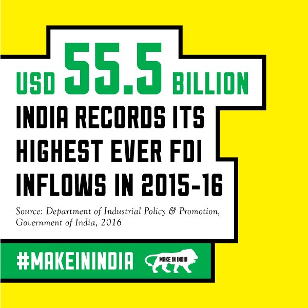 India records its highest ever year-on-year FDI inflows. There has never been a better time to #MakeInIndia.
