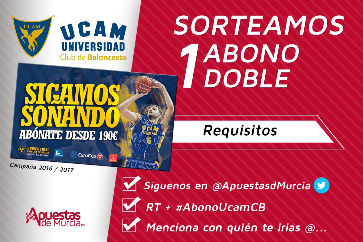 ApuestasdMurcia's tweet photo. #AbonoUcamCB ¡Sorteamos un abono doble para el @UCAMMurcia! ¡Cumple los requisitos! + info:https://t.co/7Fbt2XFT65 https://t.co/23C6HZy4eH