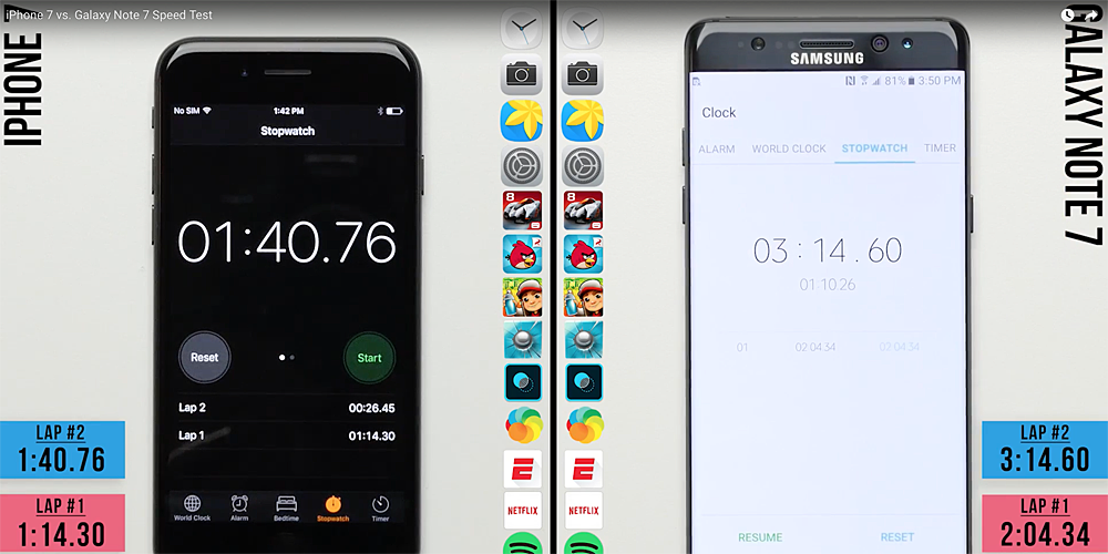 9to5mac's tweet photo. iPhone 7 'laps' Samsung Galaxy Note 7 in real-life speed test [Video] https://t.co/nUxefC6cvk https://t.co/TPgQ4ZYMw4