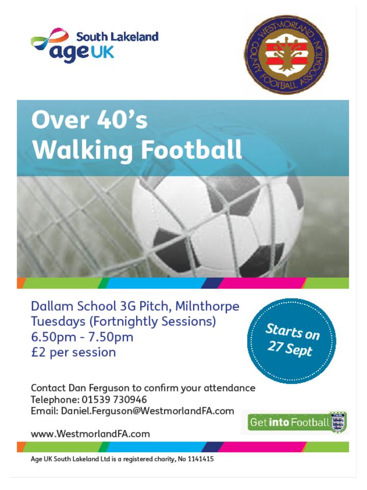 WestmorlandFA's tweet photo. Walking Football Club starts next Tuesday at Dallam School 3G!! come down and get involved, contact 01539 730946 https://t.co/LMAo9IjIf3