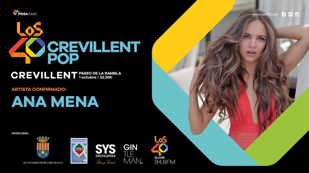 AnaMenaMusic's tweet photo. Familia! El 1/10 estaré en #LOS40CrevillentPop @Los40Elche @TonyAguilarOfi NO FALTEIS! 👏🏽❤️ https://t.co/nzvuZ5hTxX