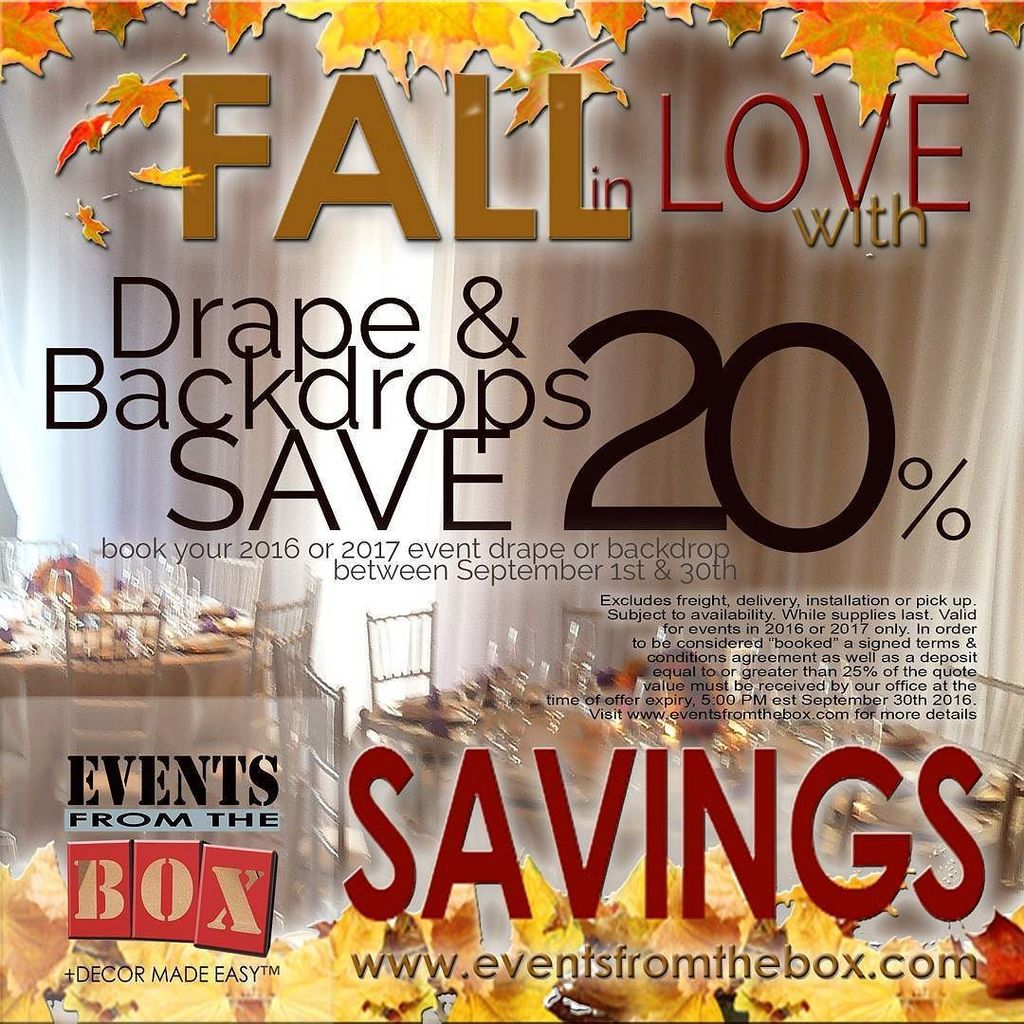 cr8eventdrapery's tweet photo. #Fall in #Love with #Savings #EventsFromTheBOX #Muskoka #Toronto #Events #Weddings #Design… https://t.co/dBOgK0z5hN https://t.co/w1ksMlFLFl