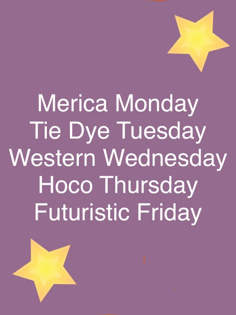 Next week is HOMECOMING! We will have dress up days the week of. Here they are! RT so everyone knows! #Sept29 💚🏈🎉
