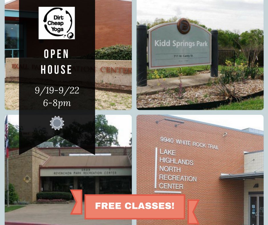 DirtCheapYoga's tweet photo. @DallasParkRec open house today - enjoy a free yoga class! 6:15 @ Lake Highlands &amp; Reverchon, 6:30 @ Kidd Springs https://t.co/ACf5Z5ecVN