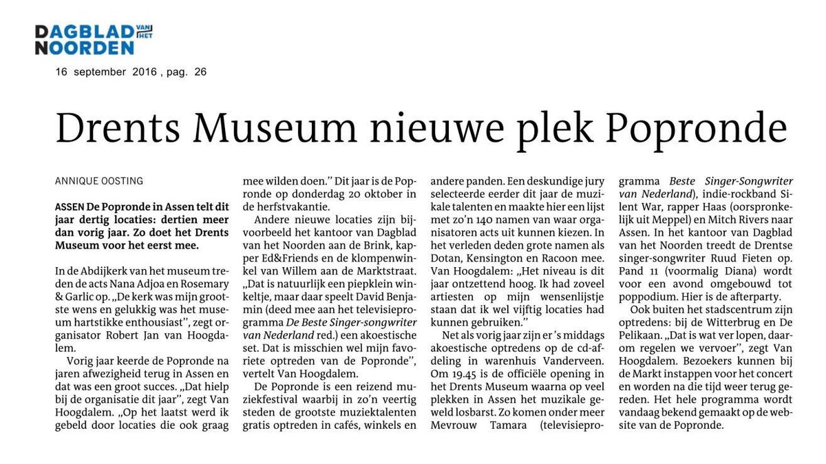PoprondeAssen's tweet photo. Afg. Vrijdag in @dvhn_nl Mooi stuk over @PoprondeAssen in oa @DrentsMuseum https://t.co/pGXGapNGup