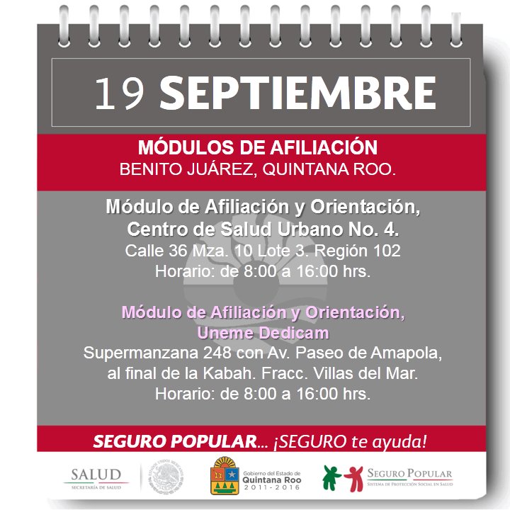 SegPopularQRoo's tweet photo. 19 de Septiembre, Afiliación y Reafiliación al #SeguroPopular en #BenitoJuárez. #SaludParaTodos @alejandro_aaav https://t.co/3ojvG88Aye
