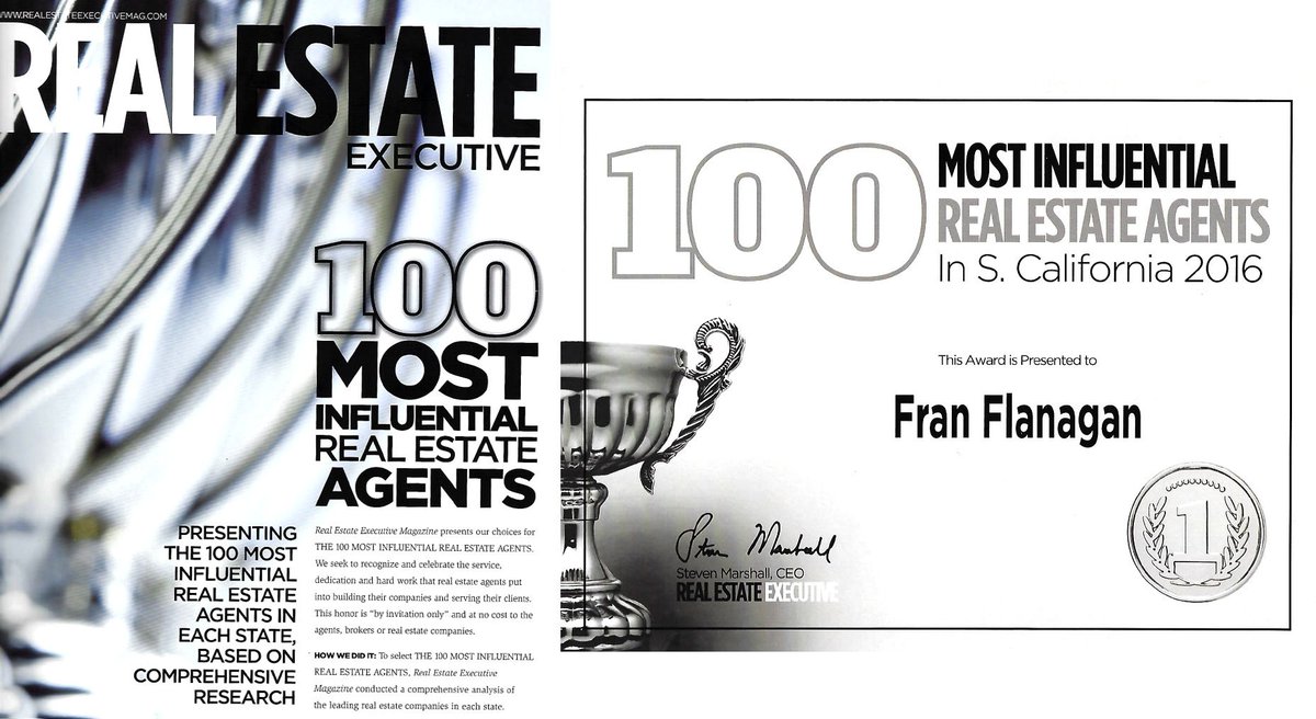franfproperties's tweet photo. Real Estate Executive Magazine names Fran among the top 100 most influential realtors in Southern California for '16 https://t.co/EFg7eqrkpr