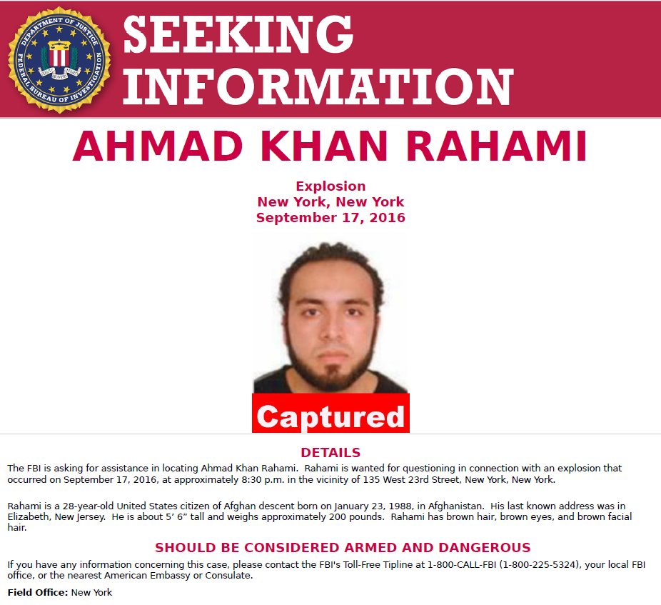 FBI confirms Ahmad Khan Rahami has been #captured in Linden, NJ <a href="/FBINewark/">FBI Newark</a> <a href="/NewYorkFBI/">FBI New York</a> fbi.gov/wanted/seeking…