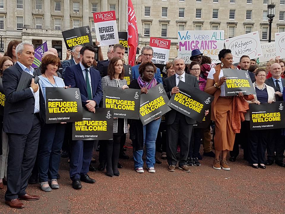 Refugee Welcome Demo at Stormont today organised by <a href="/AmnestyNI/">Amnesty Int'l NI</a> and <a href="/NICRAScharity/">NICRAS</a>