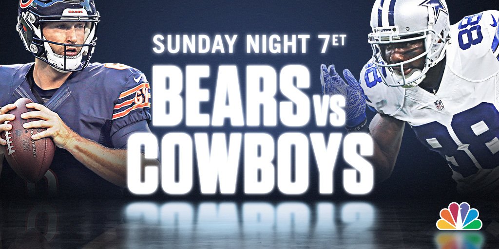 SNFonNBC's tweet photo. Bears vs. Cowboys. Sunday night. Who else is excited? #SNF https://t.co/eP8kiMHzzr