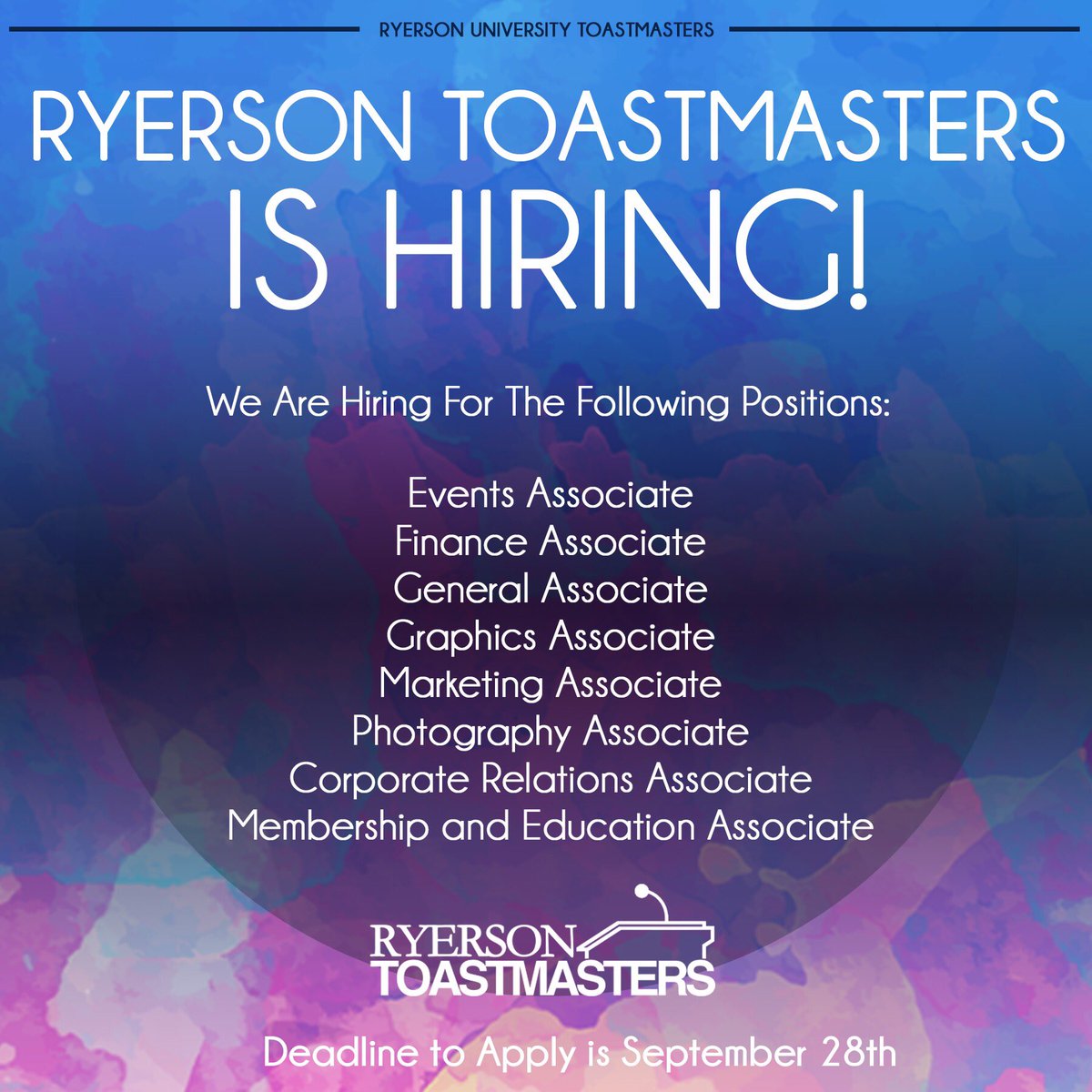 RUToastmasters's tweet photo. REMINDER! RUToastmasters is hiring! Deadline to apply is Sept.28 https://t.co/iZ11xDl9nj https://t.co/qz4e3cu1xq