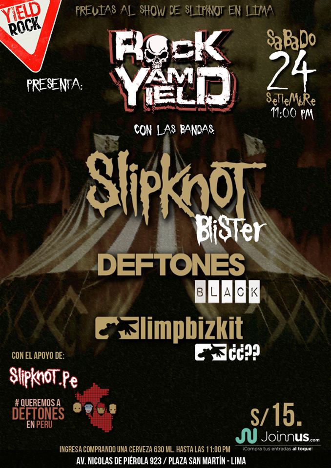 Este sábado no se pierdan una nueva edición de #RockAmYield con lo mejor de #Slipknot #Deftones y #LimpBizkit 
#YieldRock