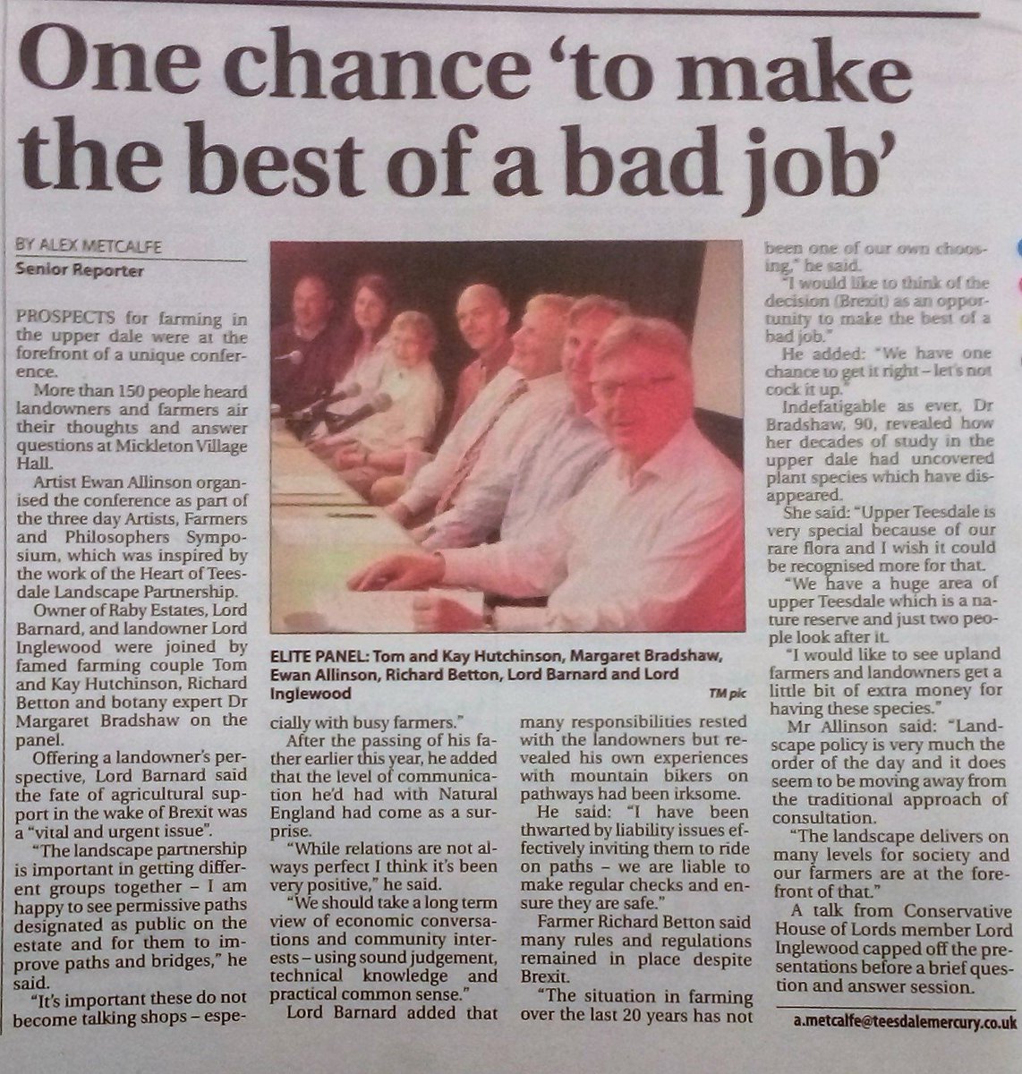 EwanAllinson's tweet photo. Write up of #AFP16 's Hill Farming session in @teesdalemercury
@jillrcole @HLFNorthEast @DrewBennellick @FunnyWayToBe @HelenGoodmanMP https://t.co/leu4I6RGbY