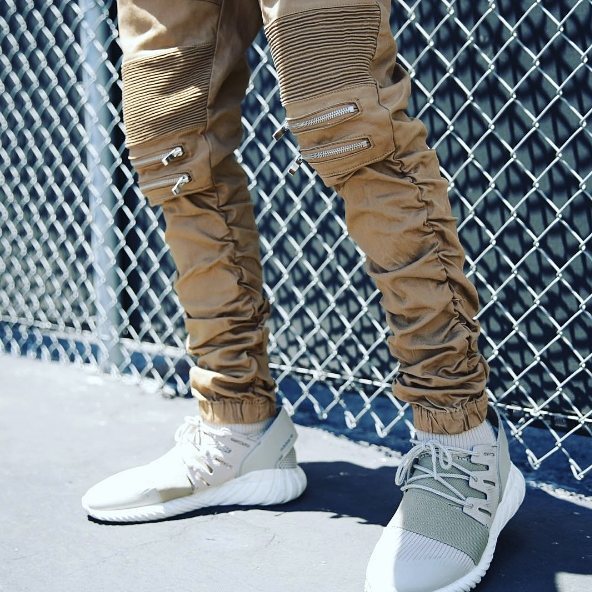 stacked khaki pants