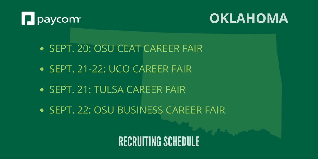 paycomcareers's tweet photo. Our college recruiting team will be attending the following events in Oklahoma this week. Come see us! https://t.co/AphR4GQUu7