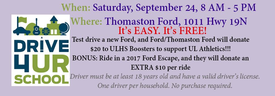 TUSchools's tweet photo. Sat 9/24 at Thomaston Ford-test drive a new Ford and $20 will be donated to the Boosters to support ULHS athletics! #drive4urschool https://t.co/7hAkfv3OOW