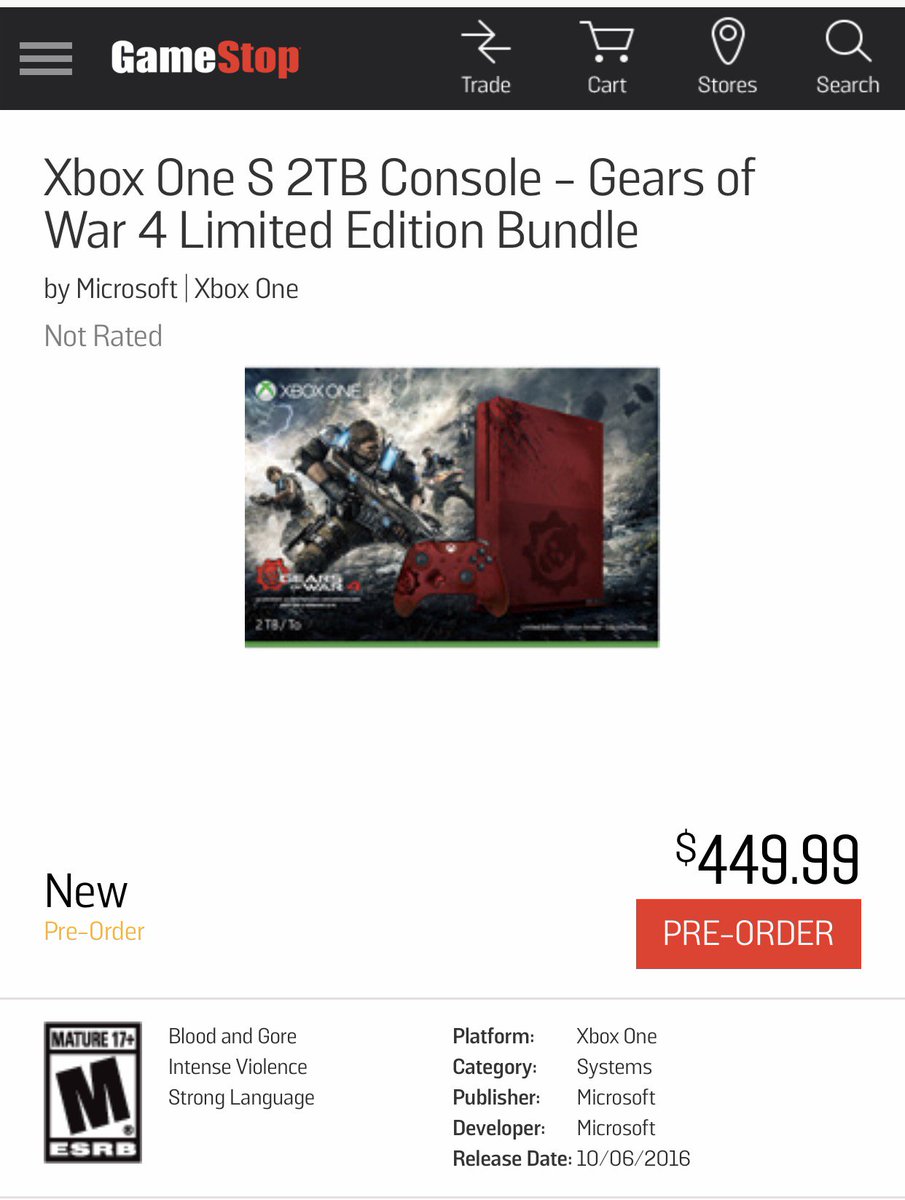 PezRadar's tweet image. GameStop has updated the ship date to 10/6 for the Gears of War 4 Xbox One S Bundle.