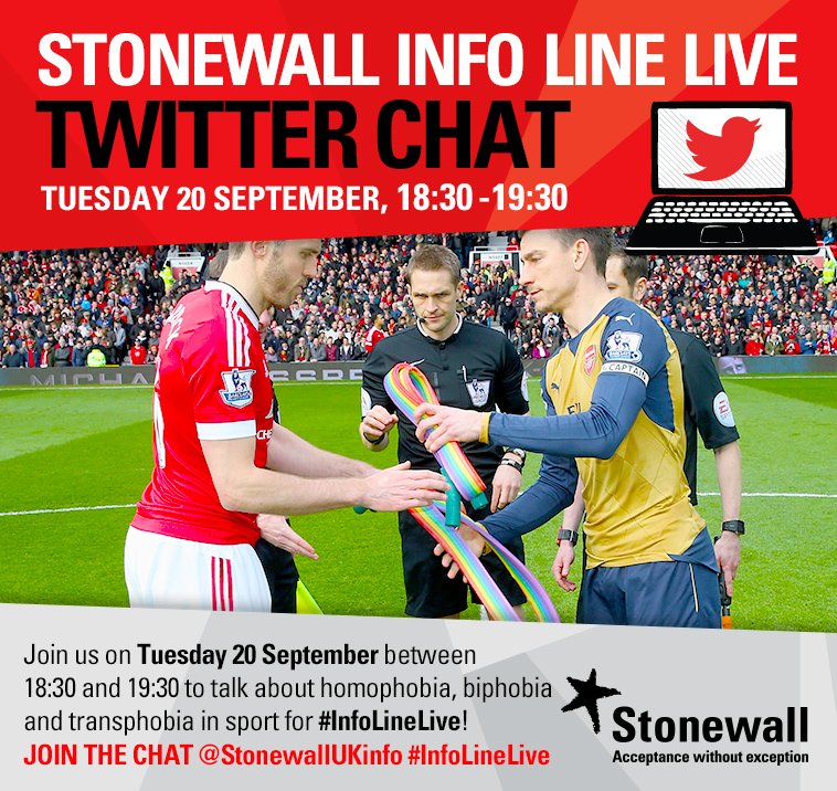 stonewalluk's tweet photo. Join us tomorrow eve to discuss the importance of LGBT inclusion in sport for a #RainbowLaces themed #InfoLineLive! https://t.co/IN2JPjsdLO