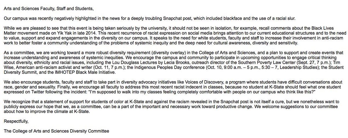 The <a href="/KStateArtSci/">K-State Arts and Sciences</a> Diversity Committee has released a statement regarding the recent Racist Snapchat Post