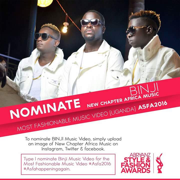 NewChapterAfric's tweet photo. I nominate BINJI video for best styled video of the year
@NewChapterAfric 
Abryanz Collection
#Asfa2016
#AsfaHappeningagain https://t.co/9RabUyq9nq