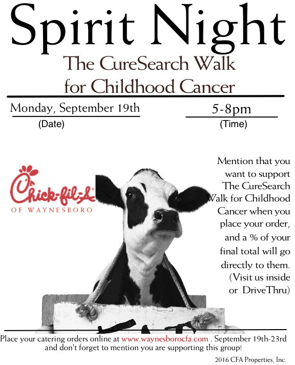 Eat Mor Chikin! Tonight! Your meal at #Chickfila Waynesboro benefits CureSearch Walk for #ChildhoodCancer.