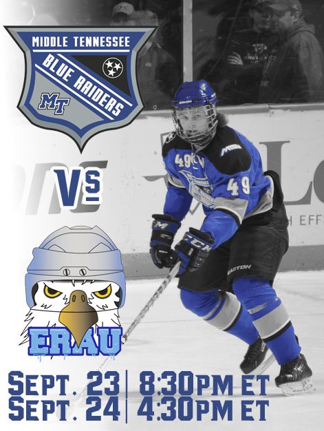 MTSUhockey's tweet image. The Boys are back in action this weekend in Florida. Taking on @ERAUhockey in a double header. #LetsGoBlue #MTSUvsERAU #RowdyRaiders