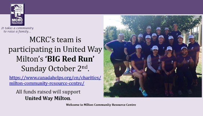 MCRC is participating in <a href="/TheBigRedRun/">United Way Milton</a> on Oct. 2. All funds raised will go to support <a href="/unitedwaymilton/">United Way Milton</a>, one of our key community partners.