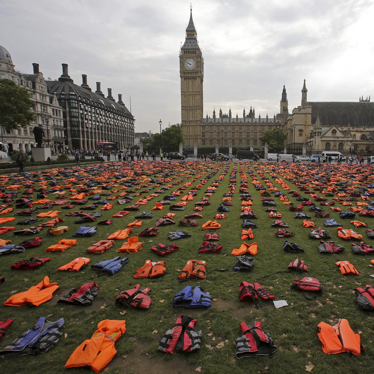 Lifejackets worn by refugees are displayed in Parliament Square, London on September 19th 2016 (AFP)