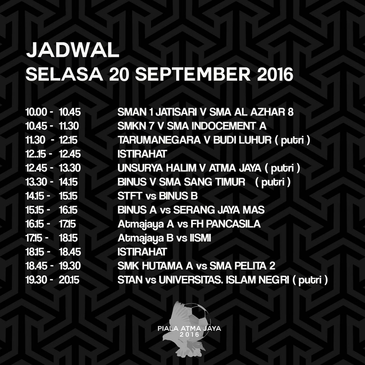 Pertandingan Piala Atma Jaya 2016, Selasa 20 September 2016, yuk merapat ke SportHall Atma Jaya!