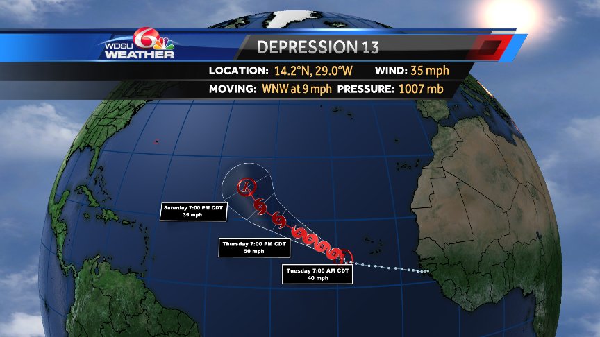 MargaretOrr's tweet image. Depression 13 forecast to become tropical storm. Next name up is Lisa @wdsu