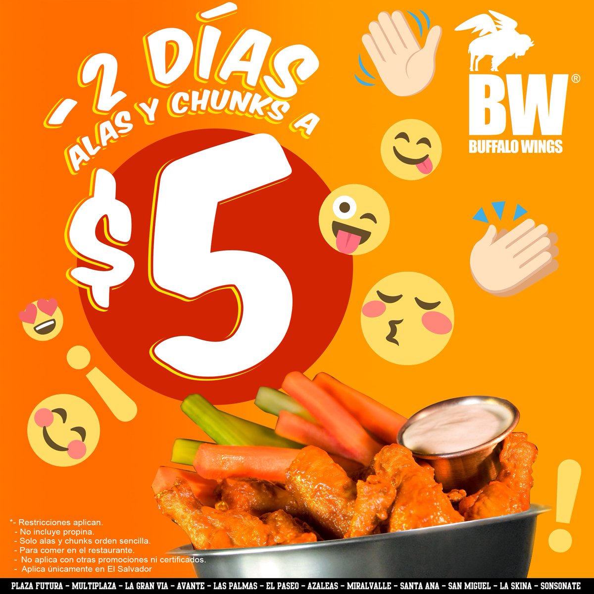 BWelsalvador's tweet photo. -2 días para que regrese la promoción de #GiveMeAFive! $5 bowl sencillo de alas y chunks #Miércoles21septiembre https://t.co/mGLzS2Zch3