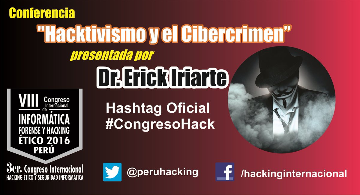peruhacking's tweet photo. Infaltable en ese día una conferencia de #Hacktivismo y el #Cibercrimen presentada por el Dr. Erick Iriarte. @coyotegris @alfaredi https://t.co/PHieZO6CJf