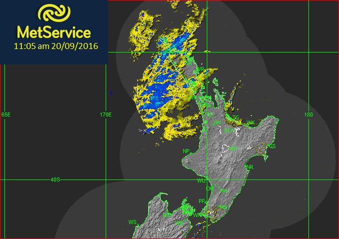 MetService's tweet image. Rain approaching Auckland and Coromandel. For heavy rainfall Watch there see  bit.ly/SWWatch ^DH