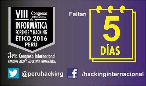 peruhacking's tweet photo. Cada vez falta menos, recuerda que realizaremos transmisión online en la modalidad virtual. Faltan 5 dìas #CongresoHack https://t.co/VEaCmW4AD0